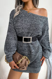 Green One Shoulder Long Sleeves Knit Sweater with Belt