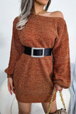 Green One Shoulder Long Sleeves Knit Sweater with Belt