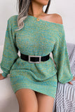 Green One Shoulder Long Sleeves Knit Sweater with Belt