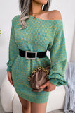 Green One Shoulder Long Sleeves Knit Sweater with Belt