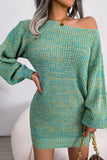 Green One Shoulder Long Sleeves Knit Sweater with Belt