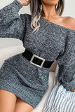 Green One Shoulder Long Sleeves Knit Sweater with Belt