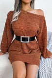 Green One Shoulder Long Sleeves Knit Sweater with Belt