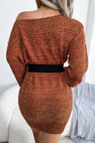 Green One Shoulder Long Sleeves Knit Sweater with Belt