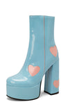 Black PU Leather Platform Chunky Block High Heel Boots with Pink Hearts