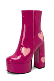 Black PU Leather Platform Chunky Block High Heel Boots with Pink Hearts