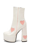 Black PU Leather Platform Chunky Block High Heel Boots with Pink Hearts