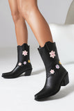 Black Mid Calf Chunky Heel Cowgirl Boots