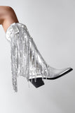 Glitter Silver Metallic Tassel Pointed Toe Cowgirl Boots with Sequins