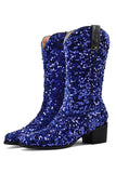 Glitter Black Mid Calf Sequins Snip Toe Chunky Heeled Boots