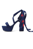 Women's Black Embroidery Strappy Chunky Heel Open Toe Sandals Shoes