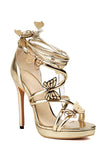 Women's Golden Metallic Strappy Stilletos Heels Sandals Shoes with Butterfly