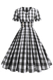 Black V Neck Plaid Vintage 1950s Dress