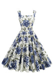 Blue Floral Print Square Neck 1950s Vintage Dress