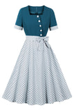 Blue White Polka Dots Square Neck Vintage 1950s Dress