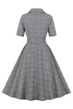 Grey Plaid Lapel Neck Vintage 1950s Dress