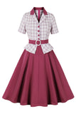 Purple Red Plaid Short Sleeves Swing 1950s Dress