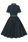 Navy Green Plaid Belted Swing 1950s Dress