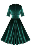 Dark Green Velvet V Neck Ruffled 1950s Dress