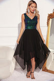 Sparkly Black Green V-Neck Tulle Cocktail Dress