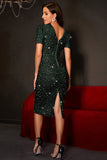 Sparkly Dark Green Tight Sequined Cocktail Dress with Short Sleeves