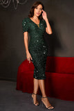 Sparkly Dark Green Tight Sequined Cocktail Dress with Short Sleeves