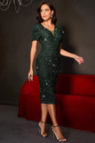 Sparkly Dark Green Tight Sequined Cocktail Dress with Short Sleeves