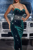 Sparkly Dark Green Spaghetti Straps Sequined Tight Party Dress with Slit