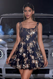 Sparkly A Line Black Golden Floral Cocktail Dress with Sequins