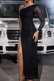 Sparkly Black One Shoulder Tight Long Party Dress with Slit