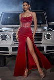 Sparkly Dark Red Spaghetti Straps Corset Formal Dress with Slit