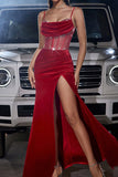 Sparkly Dark Red Spaghetti Straps Corset Formal Dress with Slit