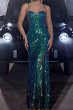 Sparkly Dark Green Mermaid Spaghetti Straps Formal Dress with Sequins