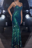 Sparkly Dark Green Mermaid Spaghetti Straps Formal Dress with Sequins