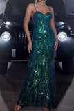 Sparkly Dark Green Mermaid Spaghetti Straps Formal Dress with Sequins