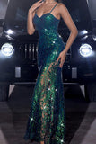 Sparkly Dark Green Mermaid Spaghetti Straps Formal Dress with Sequins