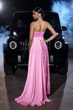 Sparkly Pink Mermaid Strapless Sequins Formal Dress with Slit