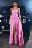 Sparkly Pink Mermaid Strapless Sequins Formal Dress with Slit