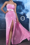 Sparkly Pink Mermaid Strapless Sequins Formal Dress with Slit