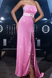 Sparkly Pink Mermaid Strapless Sequins Formal Dress with Slit