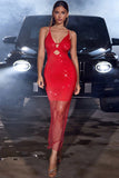 Red Bodycon Spaghetti Straps V Neck Hollow-Out Party Dress