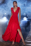 A-Line Red V Neck Long Formal Dress with Ruffles