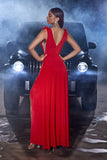 A-Line Red V Neck Long Formal Dress with Ruffles