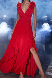 A-Line Red V Neck Long Formal Dress with Ruffles