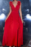 A-Line Red V Neck Long Formal Dress with Ruffles