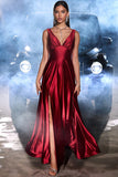 Dark Red A-Line V Neck Satin Long Dress with Slit