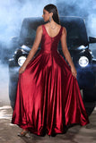 Dark Red A-Line V Neck Satin Long Dress with Slit