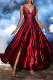 Dark Red A-Line V Neck Satin Long Dress with Slit