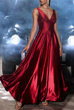 Dark Red A-Line V Neck Satin Long Dress with Slit