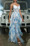 Blue White A-Line Spaghetti Straps Floral Corset Formal Dress with Slit